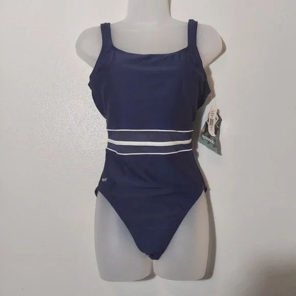 NWT Speedo One-Piece Swimsuit w Sheer Mesh Waist Insert Navy Blue - 12 - Picture 2 of 6